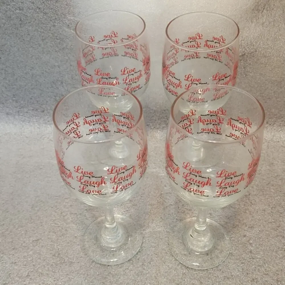 Libbey Glass Live Laugh Love Stemmed Wine Glasses Black Red Set of 4 New